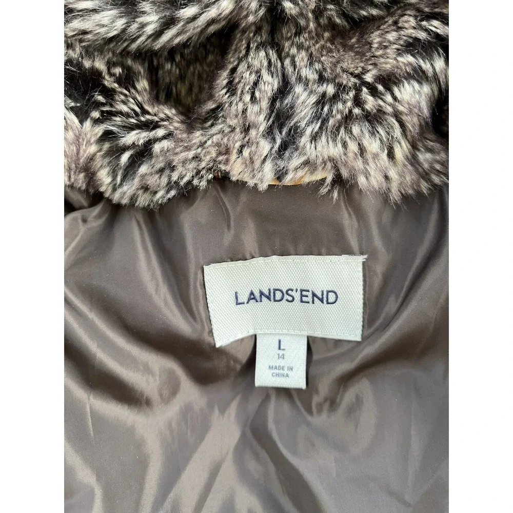 Lands End Kids Streetwear Leopard Print Hooded‎ Puffer Coat Faux Fur Trim L 14